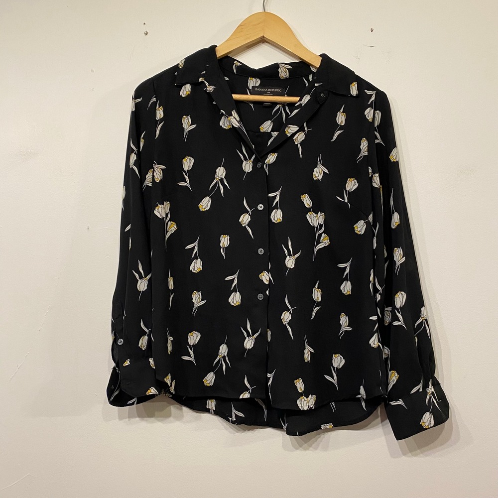 Banana Republic Womens Black Tulip Floral Button Down Blouse Petite Small SP